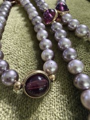Vtg Tennis Design Necklace Round Lavender Faux Pearls Round Purple Glass Bezel