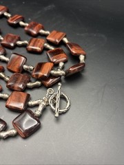 Vintage Red Tiger Eye Natural Stone Sterling Silver Chunky Long Necklace 148 Gr