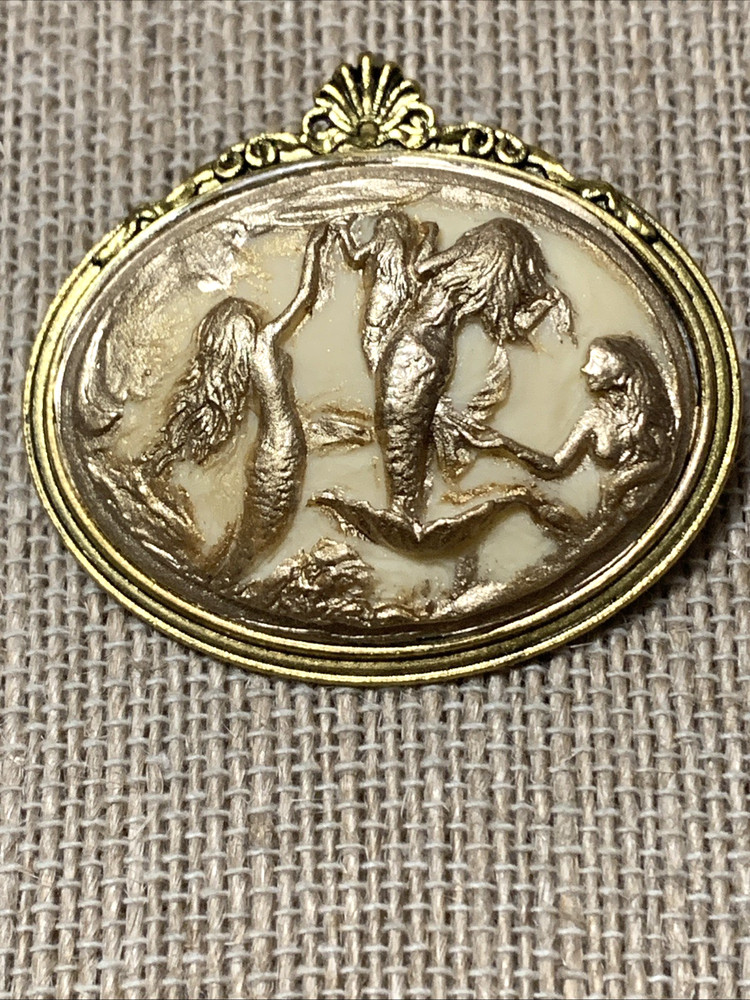 NEW ITEM*LG ELEGANT ART DECO SET MERMAIDS CAMEO BROOCH/PENDANT COMBO-ivy/gold