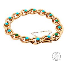 Antique 15k 15ct Yellow Gold Victorian Curb Link Bracelet with Turquoise 7.25 in