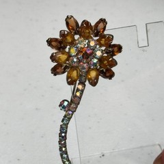 Vintage Brooch Brown Rhinestone Flower AB Stem Daisy MCM 50s 60s