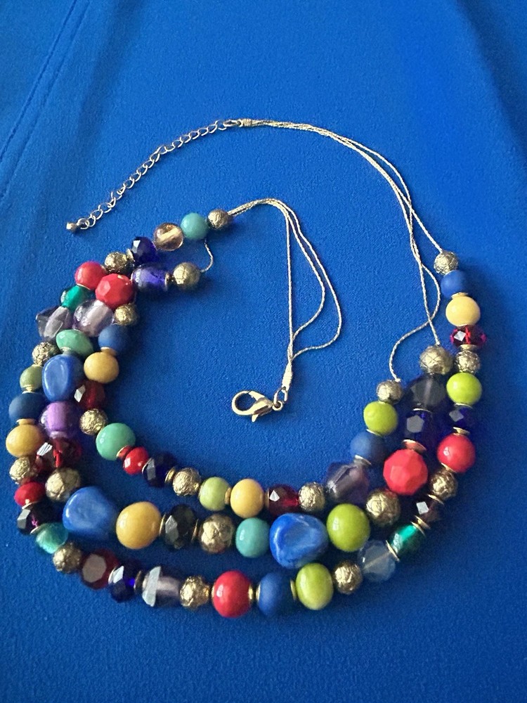 Fun Multi Color 3 Strand Graduated Beads On Gold Toned Chain – BRIGHT!