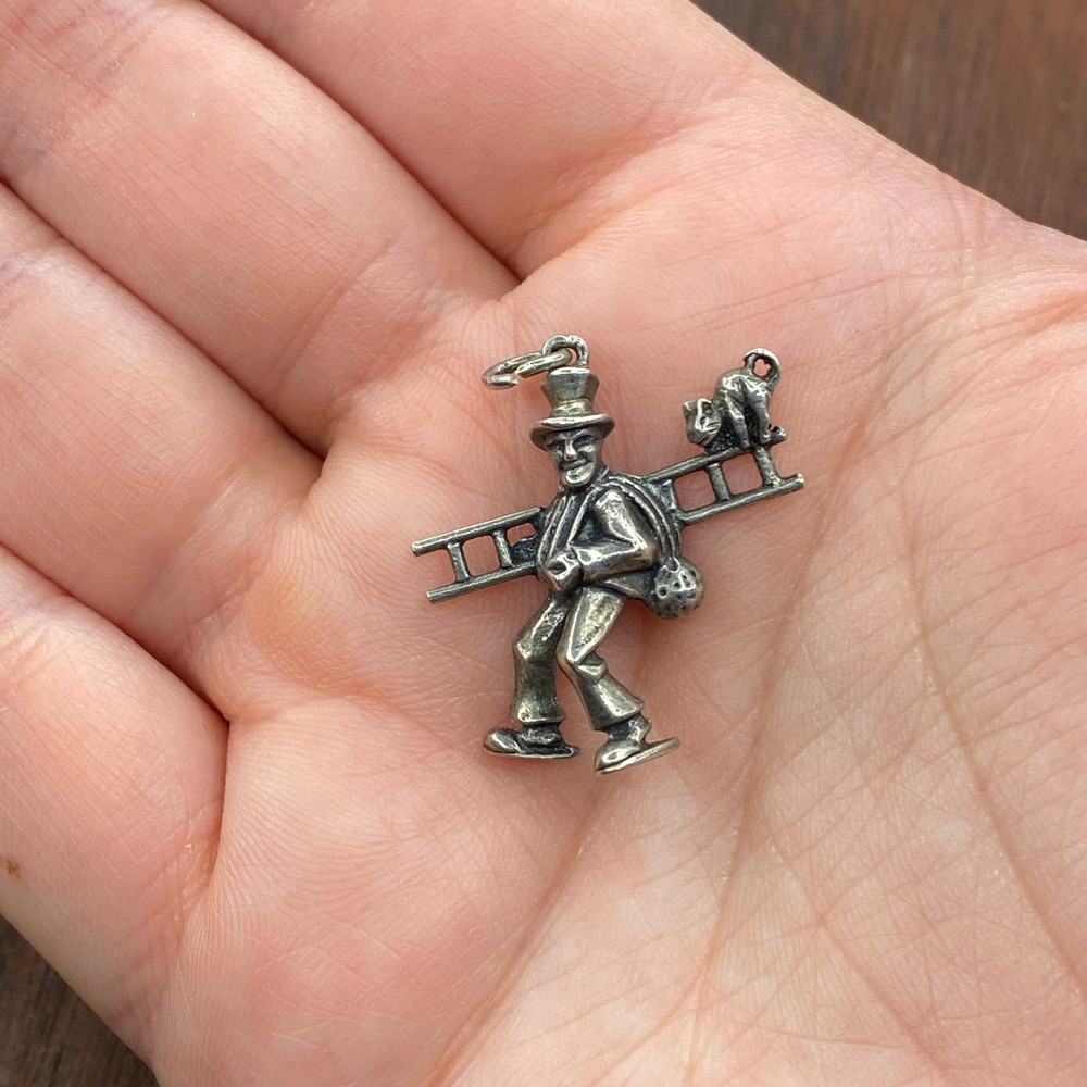 Vintage 800 Silver Good Luck Chimney Sweep with Cat 3D Pendant Bracelet Charm