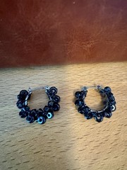 Vintage Black Glass Beaded Hoop Earrings Wire Wrapped 1990s Boho Style