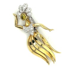 18k Two-Tone Gold Vintage Hula Dancer Brooch w/ Irradiated Diamond