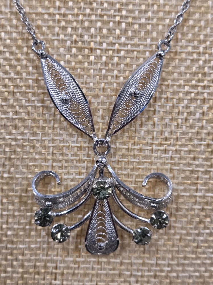 Vintage Sorrento Sterling Silver Filigree Necklace Green Rhinestones 16”
