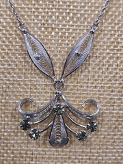 Vintage Sorrento Sterling Silver Filigree Necklace Green Rhinestones 16”