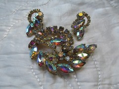 Vintage Clear Aurora Borealis Rhinestone Brooch and Clip on Earring Set Goldtone