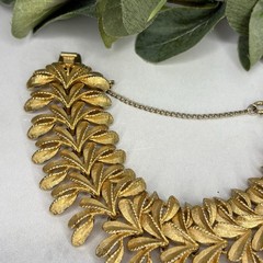 Vintage Signed Francois Brushed Gold Tone Leaf Design Wide Bracelet Safety Chain