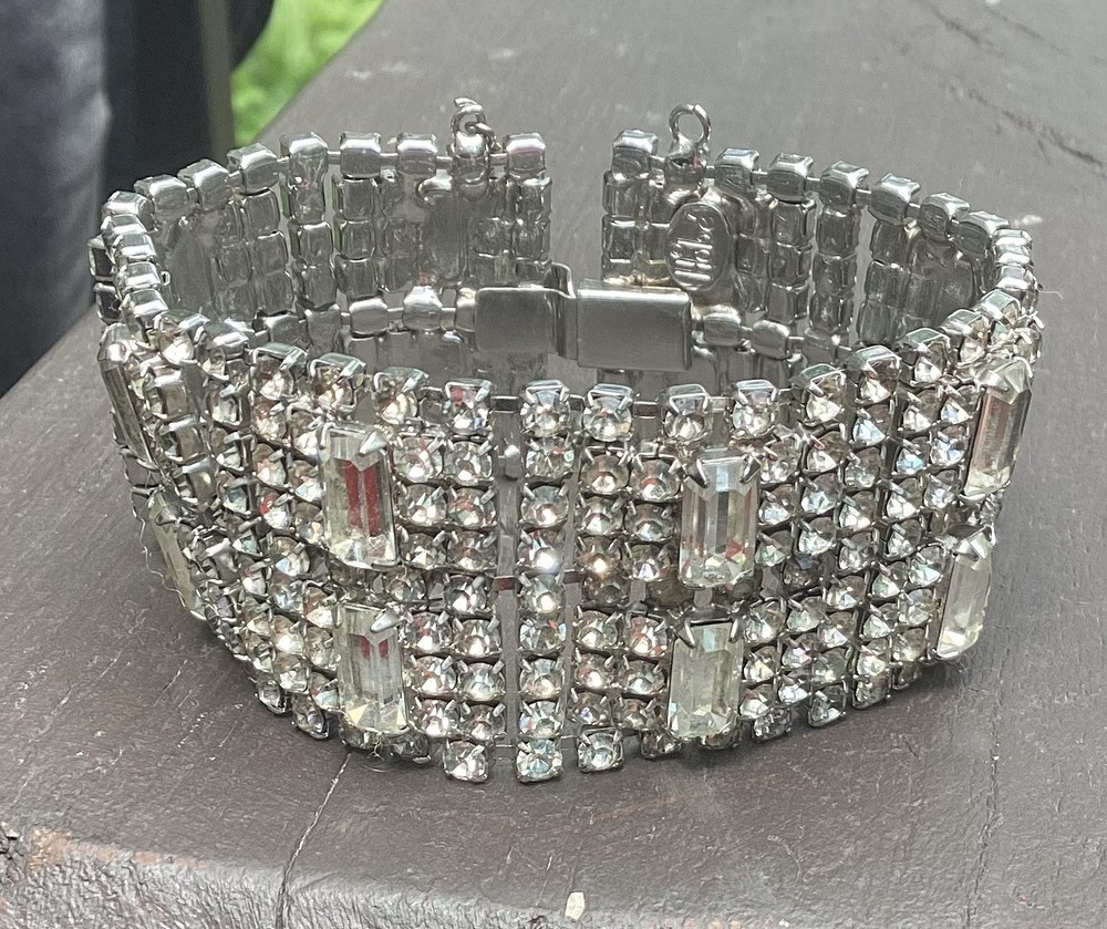 Vintage Hobe Rhinestone Wide Bracelet Silver Tone