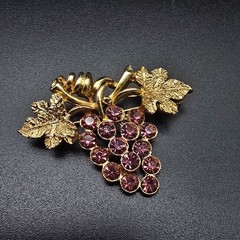 Purple Rhinestone Grape Brooch Gold Tone Vintage Costume Jewelry