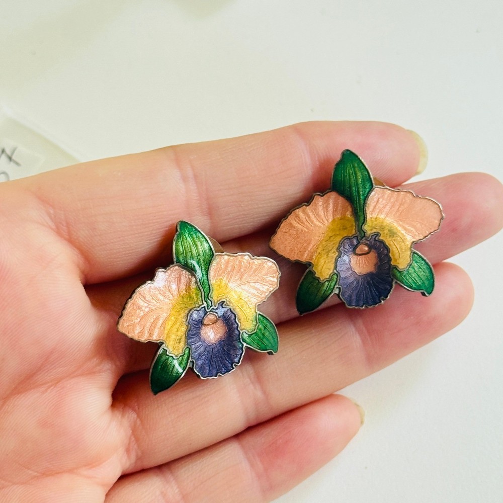 VTG Cloisonne Orchid flower earrings enamel chunky pierced Secret Garden Chic