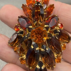 Vintage Brooch Marquise Amber Orange Brown Rhinestones 2.75 Inches