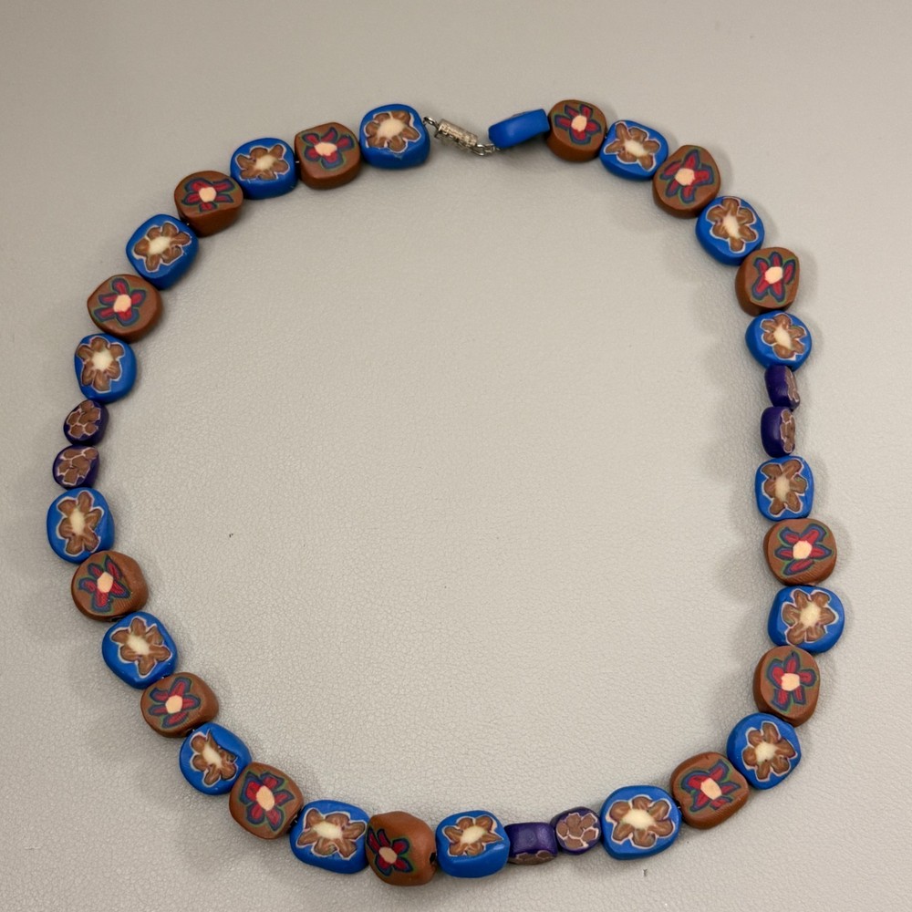 Vintage Millefiori Polymer Clay Bead Necklace Blue Brown Floral 18″