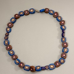 Vintage Millefiori Polymer Clay Bead Necklace Blue Brown Floral 18″