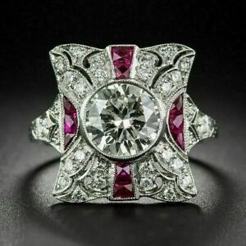 Art Deco Antique 2.30 Ct Diamond & Ruby Vintage Wedding Ring 925 Sterling Silver