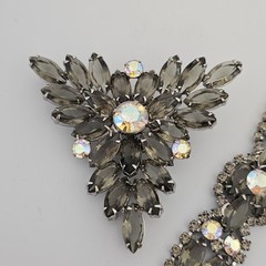 Vintage Bracelet Brooch Earring Set Smoky Gray AB Rhinestone Silver Tone
