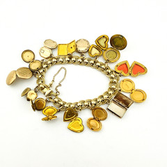 Vintage Gold Filled Locket Charm Bracelet 14 Lockets 1 Fob Hearts Book Enamel