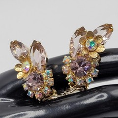 Glamorous AB Crystal Flower Floral Pale Rhinestone Climber Vtg Clip On Earrings
