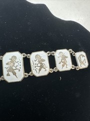 Vintage Siam Sterling Silver White Enamel Dancer Panel Bracelet 32g