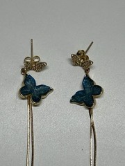 Goldtone Butterfly Earrings Blue And Clear Stones Dangles Post Back (pierced)