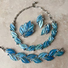 Vtg 1950s Lisner Frosted Blue Leaf Parure Set Necklace Bracelet Brooch Earrings
