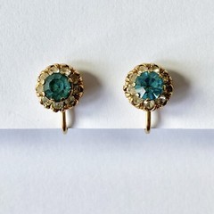 Halo Aquamarine Blue Rhinestone Vintage Gold Tone Vargas Screw Back Earrings