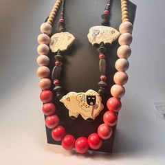 Vintage Necklace Lot Eclectic Kid Core Chunky Wood Beads Sheep Pink