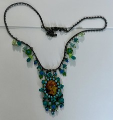 Vintage John Wind Maximal Art Cameo Necklace Dangle Rhinestones Signed Estate