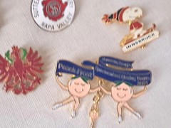 Vintage Enamel Pinback Button Lot Snoopy Enesco Winery Olympics Dutch Religious