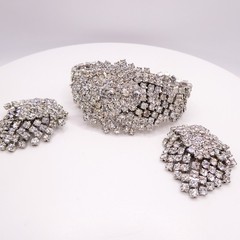 Vintage Rhinestone Waterfall Wide Bracelet Earring Set Silver Tone Glamorous