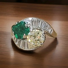 2.28ct. Platinum Vintage Art Deco Natural Emerald Diamond Toi Et Moi Ring GIA