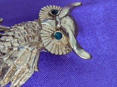 Vintage Monet Signed Green Eyed Owl Brooch