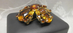 Vintage Amber Brown Topaz & Rhinestone Domed Flower Brooch Eisenberg ?