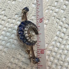 Late 19th Century MOON Sapphire, Diamond & Pearl Broach Set In 9-12k Gold w BOX