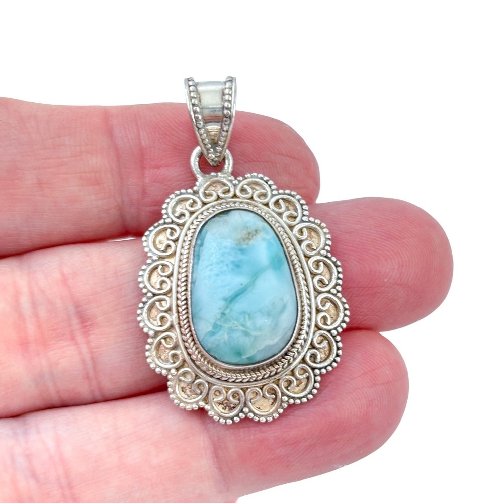 Vintage Sterling Silver 925 Larimar Filigree Pendant
