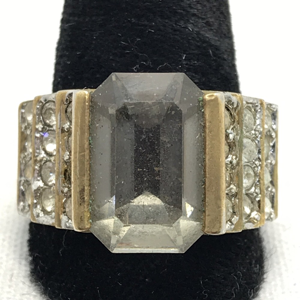 Vintage Gold Plated Smokey Grey Aust & Clear Crystals Unique Ring varied sizes