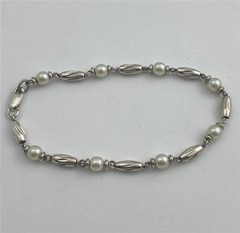 Vintage Silver Tone Small Barrel Beads & 5MM Faux Pearls Link Bracelet 7-5/8″ L