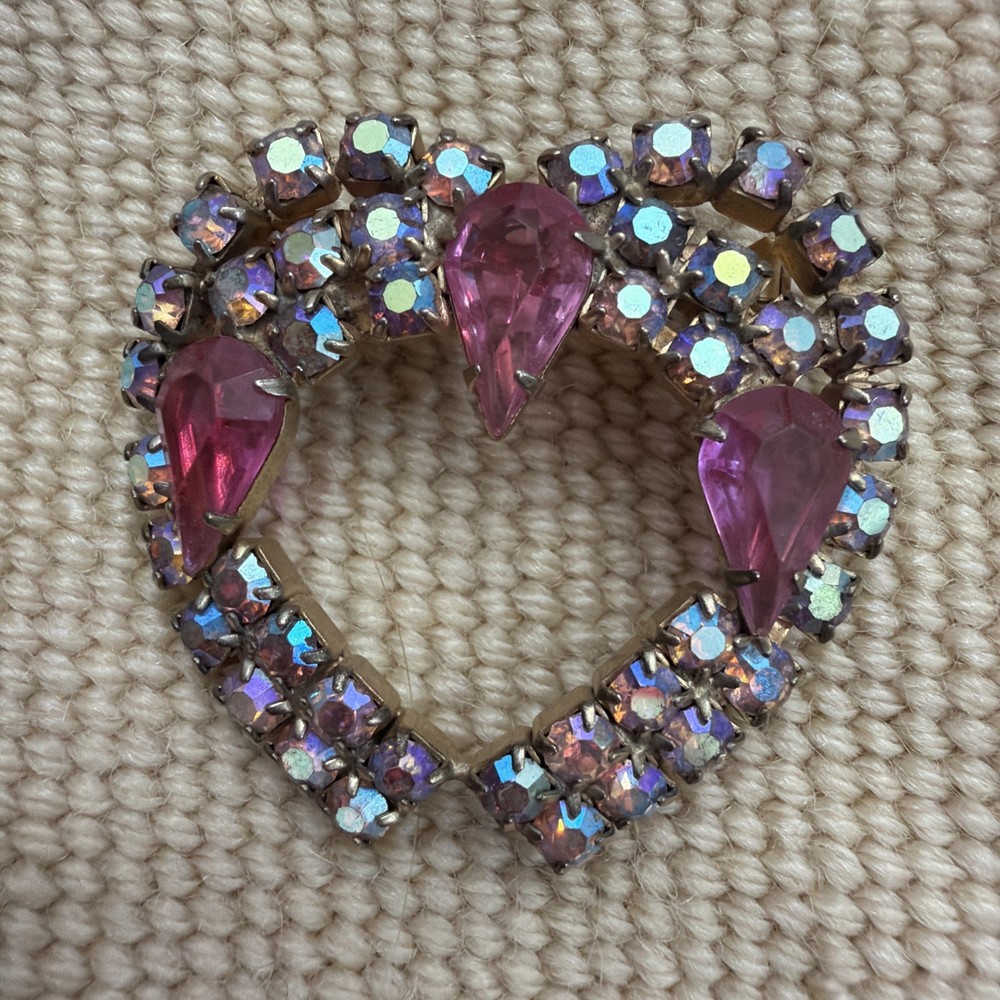 Vtg Pink Iridescent Rhinestone Open Heart Brooch Retro MCM Love Teardrop Stones