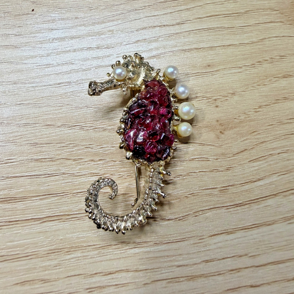Vintage Swoboda Seahorse Brooch Red Garnet Faux Pearls 2″ Authentic