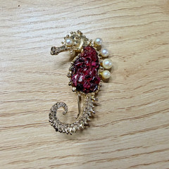 Vintage Swoboda Seahorse Brooch Red Garnet Faux Pearls 2″ Authentic