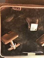 Vintage Demi Towncraft Etched Goldtone Squares w Tiny Ruby Red Accent Cuff Links