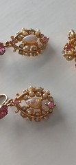 WOW Vintage Faux Pearl Pink Fire Opal Rhineston Brooch Pin & Screwback Earrings