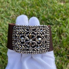 Antique Cut Steel Artisan Redesigned Shoe Buckle Clip On Thick Leather Bracelet