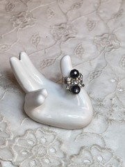 Vintage Silver Tone Adjustable Ring Clear Crystals Black Faceted Round Beads 7″