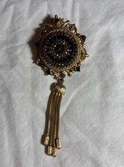 Vintage Art Deco Gold Tone Black Rhinestone Tassel Mourning Brooch Signed LJM