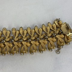 Vintage Signed Francois Brushed Gold Tone Leaf Design Wide Bracelet Safety Chain