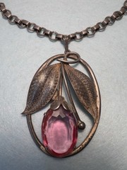 Vintage Art Nouveau Pink Glass 3.25” Pendant Bookchain Necklace 18” Chain