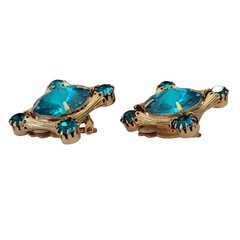 Gold Tone Teal Lucite Rivoli, Glass Rhinestone Square Clip On Earrings E836