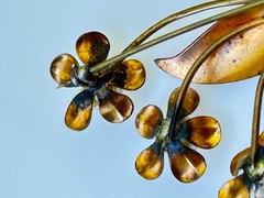 Vintage Floral Spray Brooch Pin Copper Brass Tone Faux Pearl Mid-Century Style